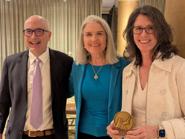 Image of FADICA's board chair, Michael Wolohan and FADICA President and CEO, Alexia Kelley with the St. Mary Magdalene Medal of Service recipient Anne Cullen Miller.